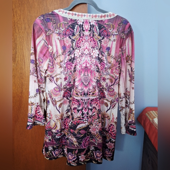 ONE WORLD NWT Pink Floral Boho Tunic with Embroidered Yoke Women's Size L - Picture 4 of 4